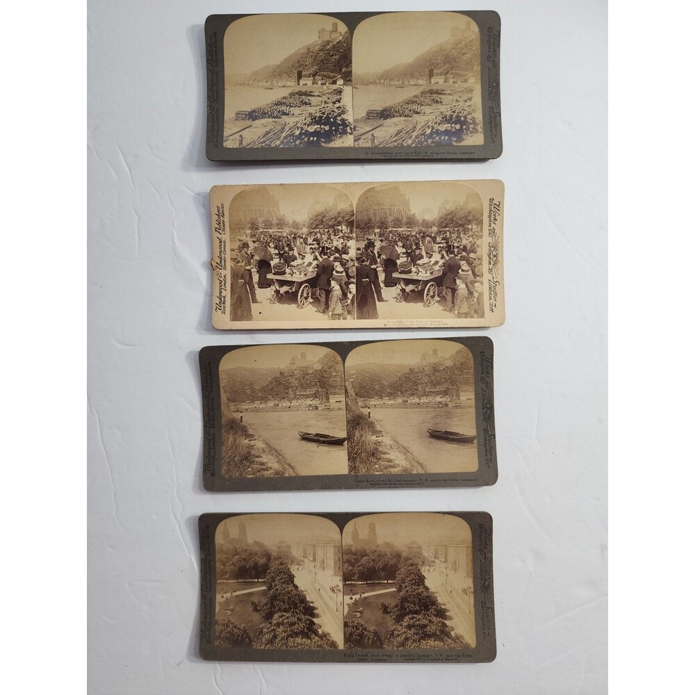 Lot of 4 Antique Underwood Stereoview Cards Germany Rhine Stuttgart Market